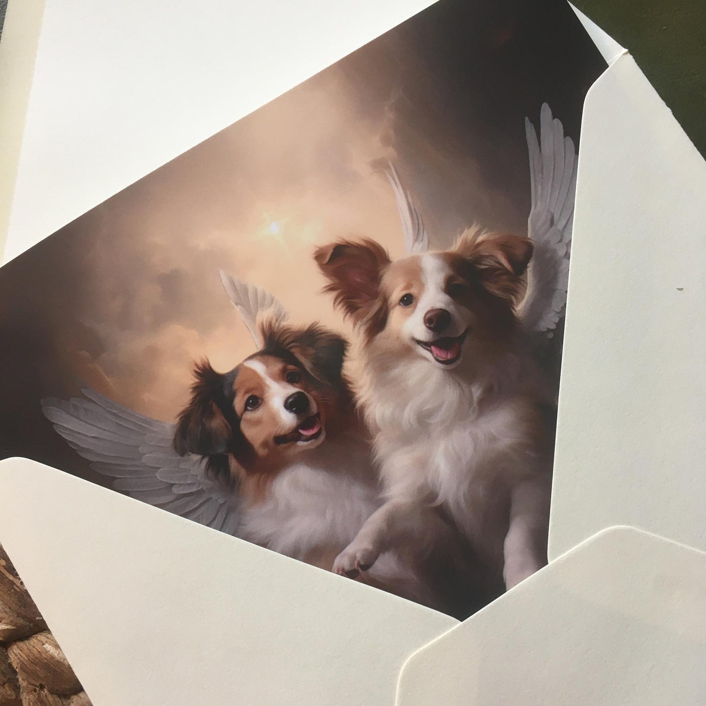 One of Flynn's 'Guardian Angel Dog' greeting card designs. Each card comes with an envelope.