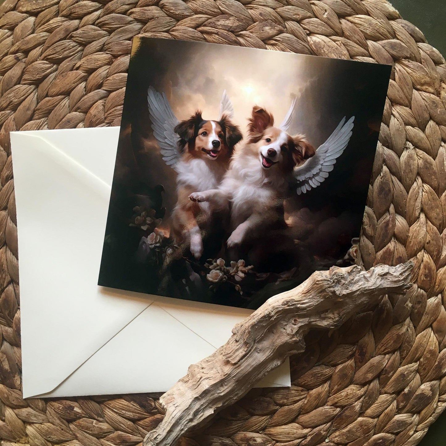 One of Flynn's 'Guardian Angel Dog' greeting card designs. Each card comes with an envelope (wooden stick not included)