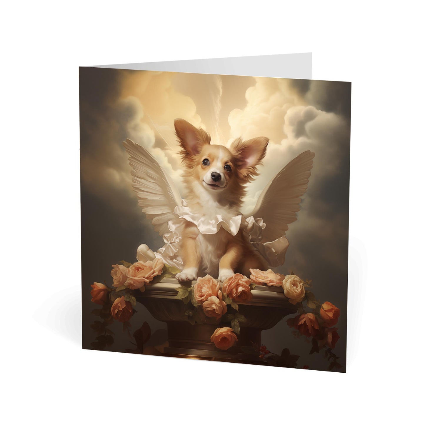One of Flynn's 'Guardian Angel Dog' greeting card designs. Each card comes with an envelope. Detail.