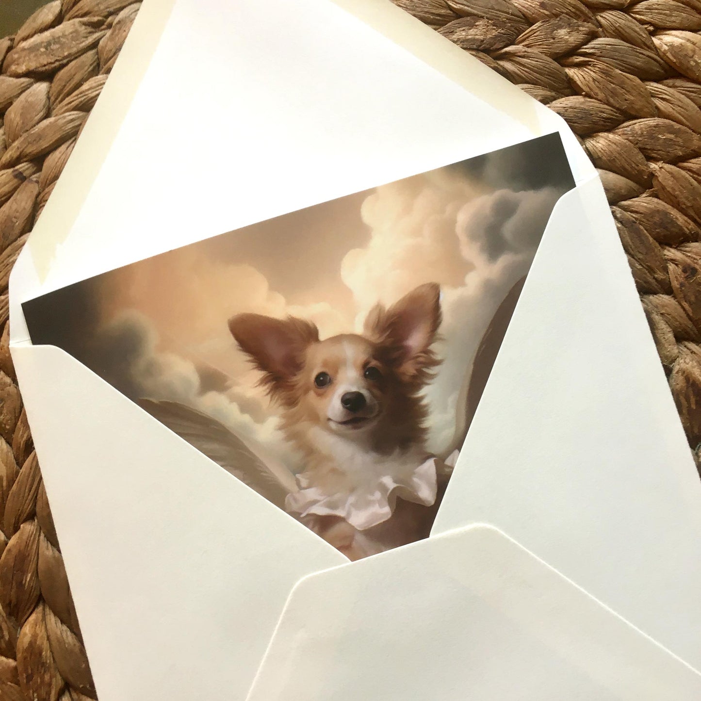 One of Flynn's 'Guardian Angel Dog' greeting card designs. Each card comes with an envelope. Detail.