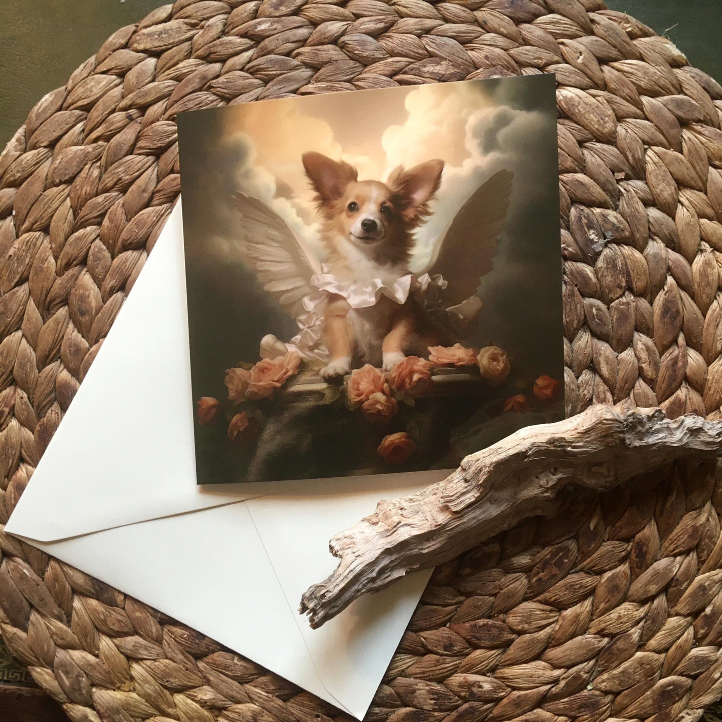 One of Flynn's 'Guardian Angel Dog' greeting card designs. Each card comes with an envelope. Detail.
