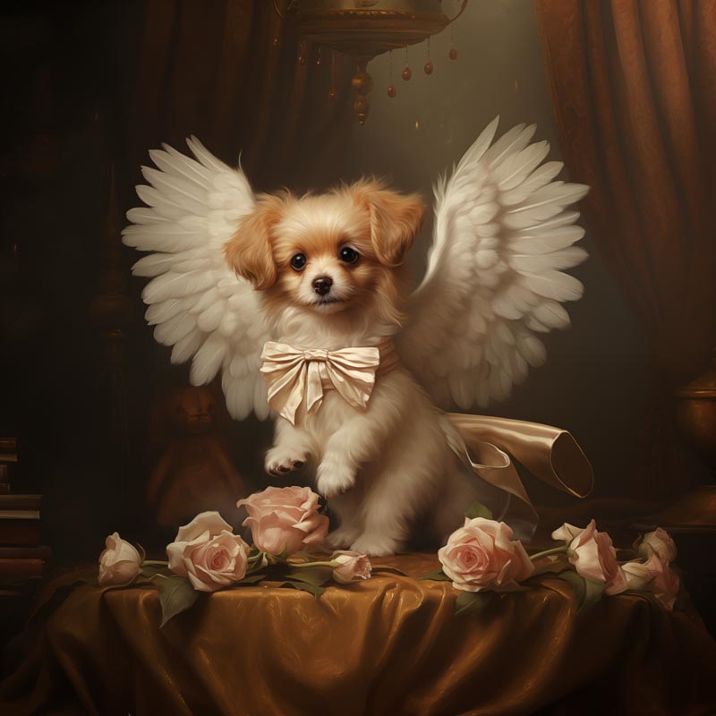 One of Flynn's 'Guardian Angel Dog' greeting card designs. Each card comes with an envelope. Detail.