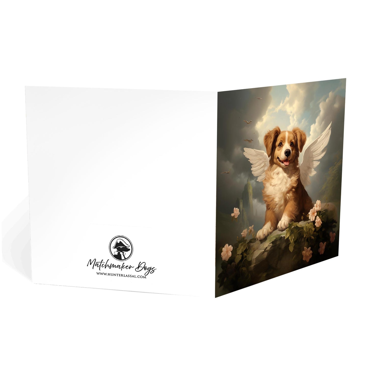 One of Flynn's 'Guardian Angel Dog' greeting card designs. Each card comes with an envelope. Detail.