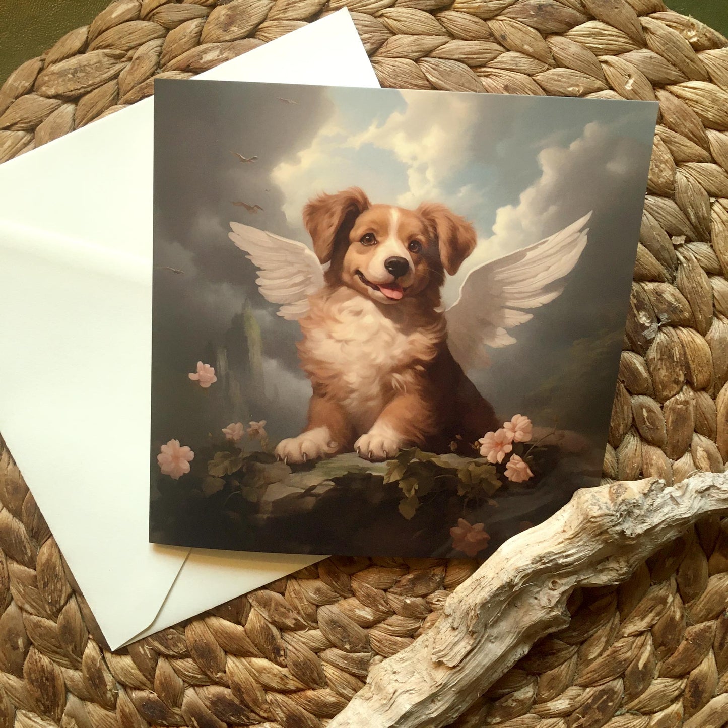 One of Flynn's 'Guardian Angel Dog' greeting card designs. Each card comes with an envelope. Detail.