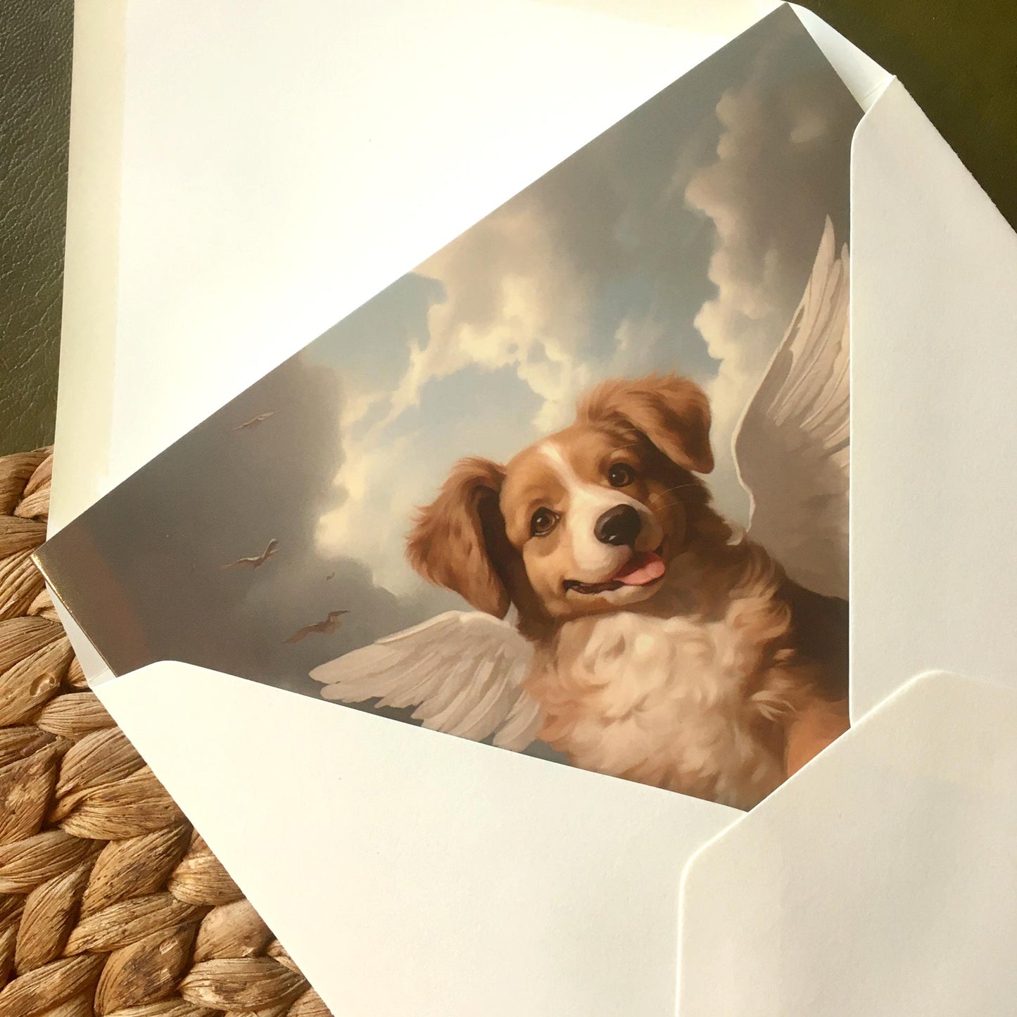 One of Flynn's 'Guardian Angel Dog' greeting card designs. Each card comes with an envelope. Detail.