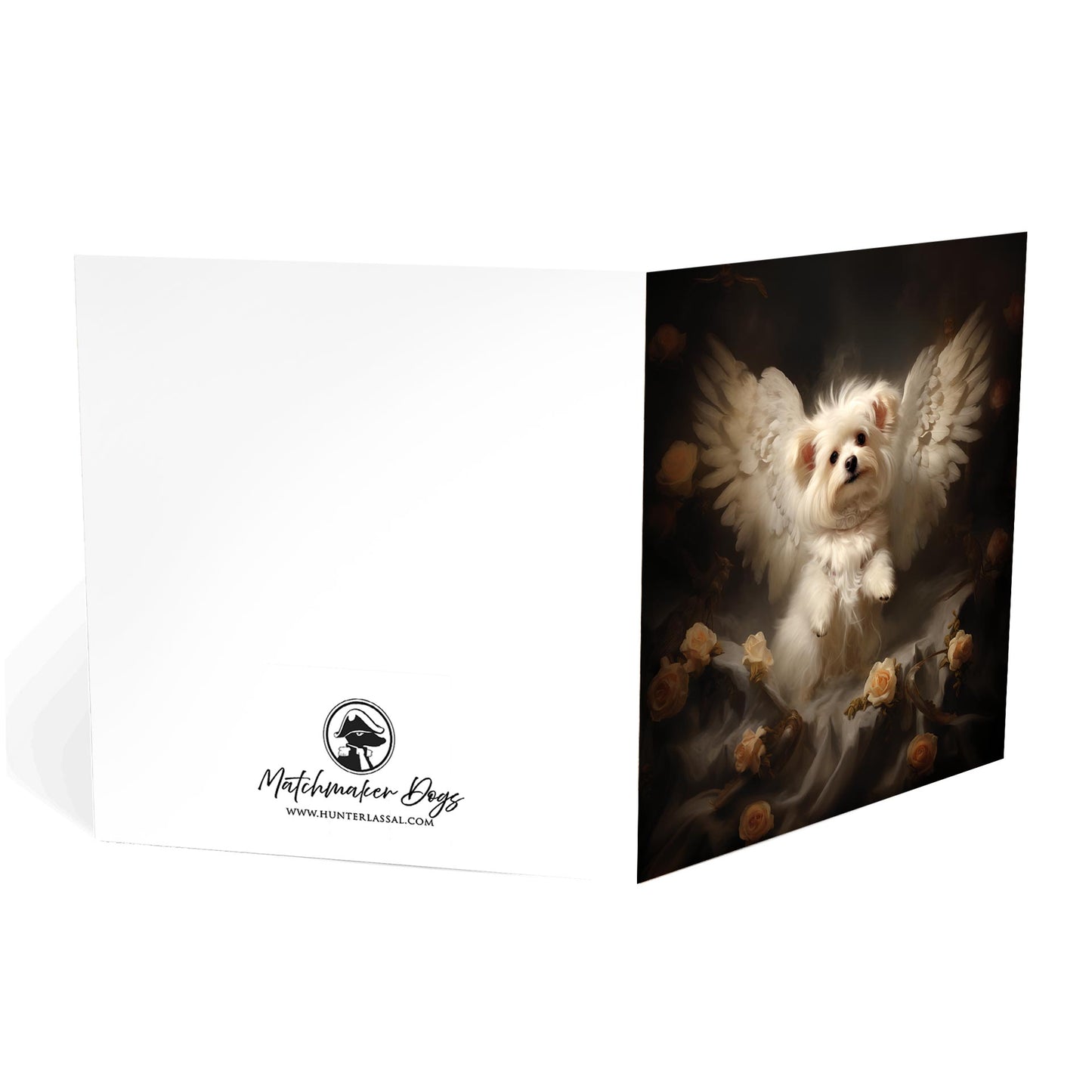 One of Flynn's 'Guardian Angel Dog' greeting card designs. Each card comes with an envelope. Detail.