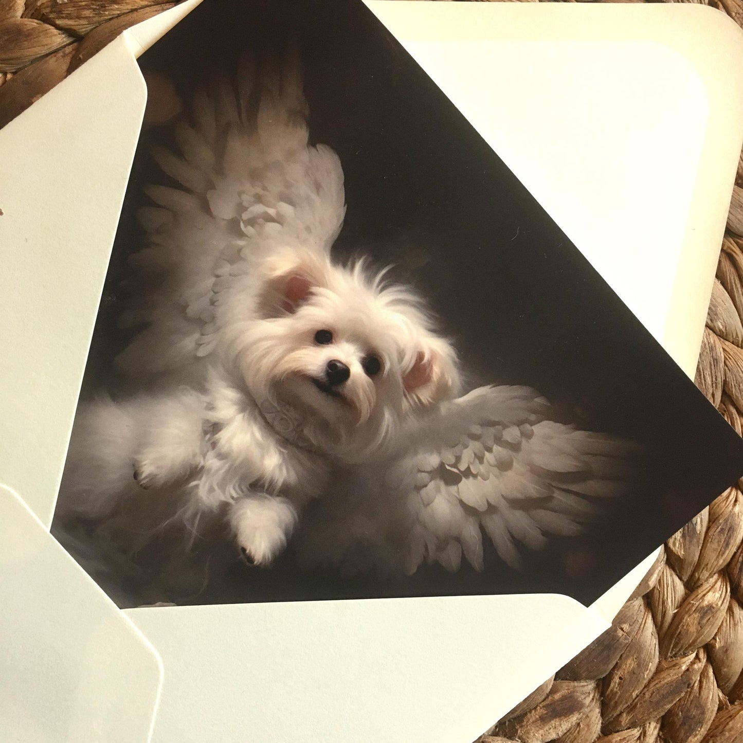 One of Flynn's 'Guardian Angel Dog' greeting card designs. Each card comes with an envelope. Detail.