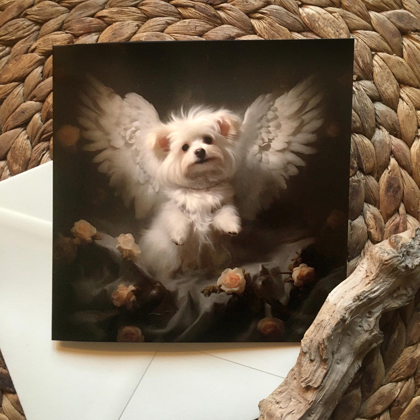 One of Flynn's 'Guardian Angel Dog' greeting card designs. Each card comes with an envelope. Detail.