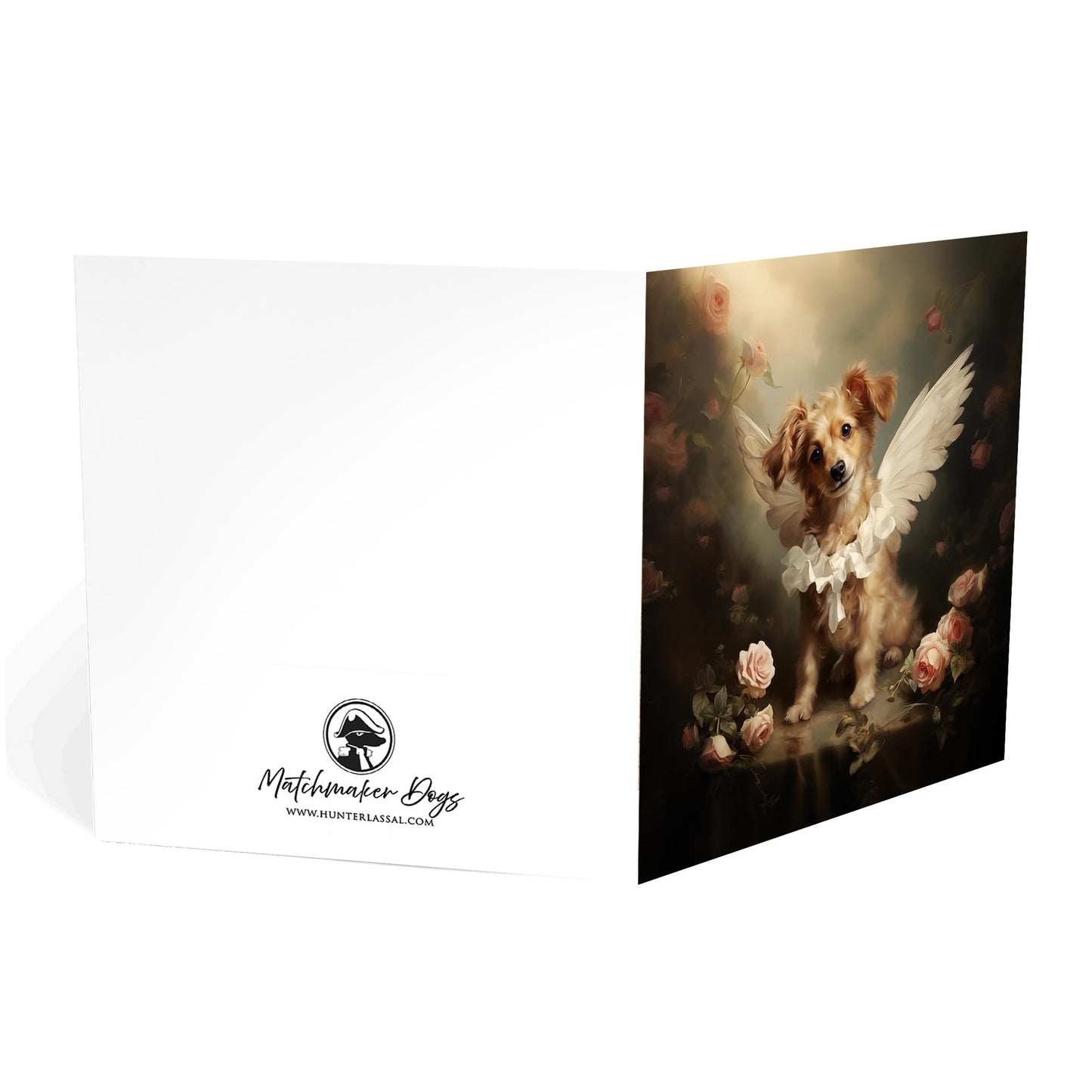 One of Flynn's 'Guardian Angel Dog' greeting card designs. Each card comes with an envelope. Detail.