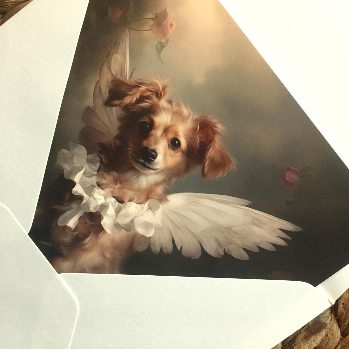One of Flynn's 'Guardian Angel Dog' greeting card designs. Each card comes with an envelope. Detail.