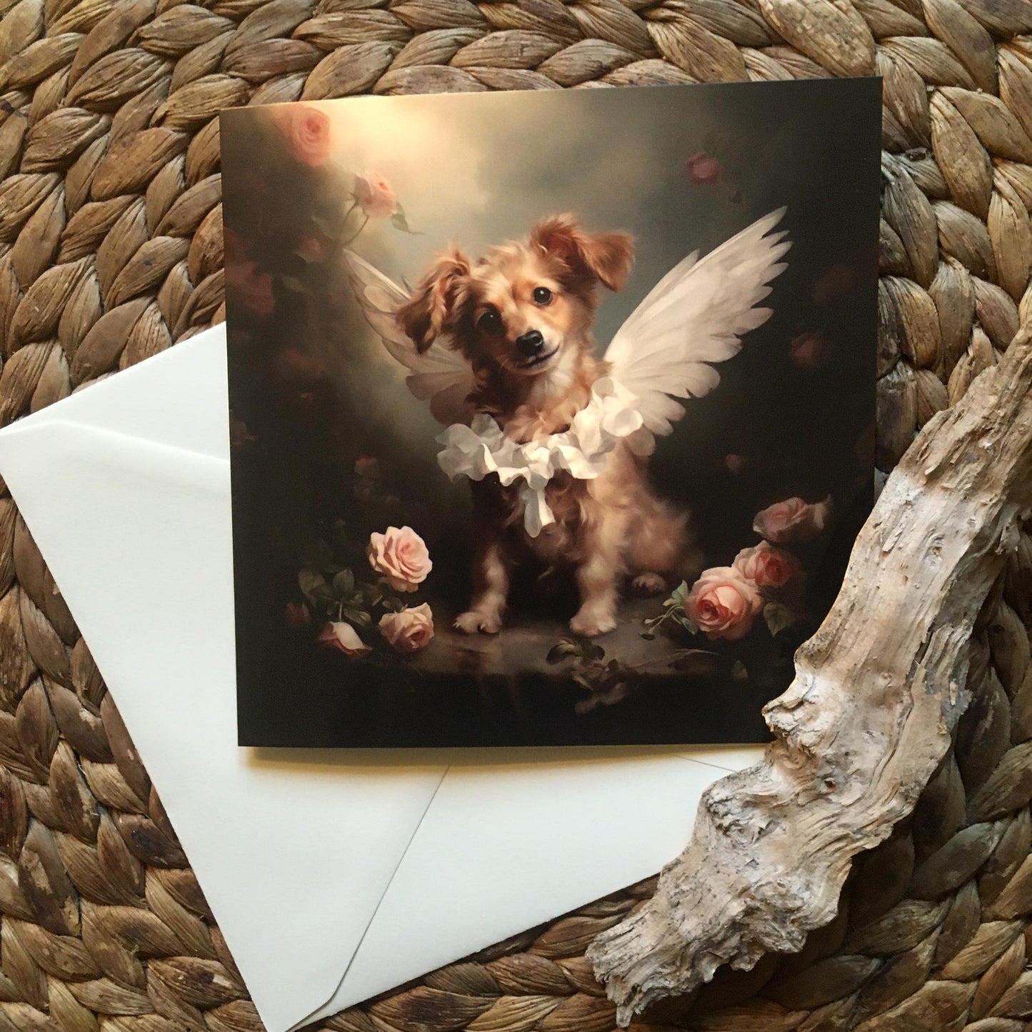 One of Flynn's 'Guardian Angel Dog' greeting card designs. Each card comes with an envelope. Detail.
