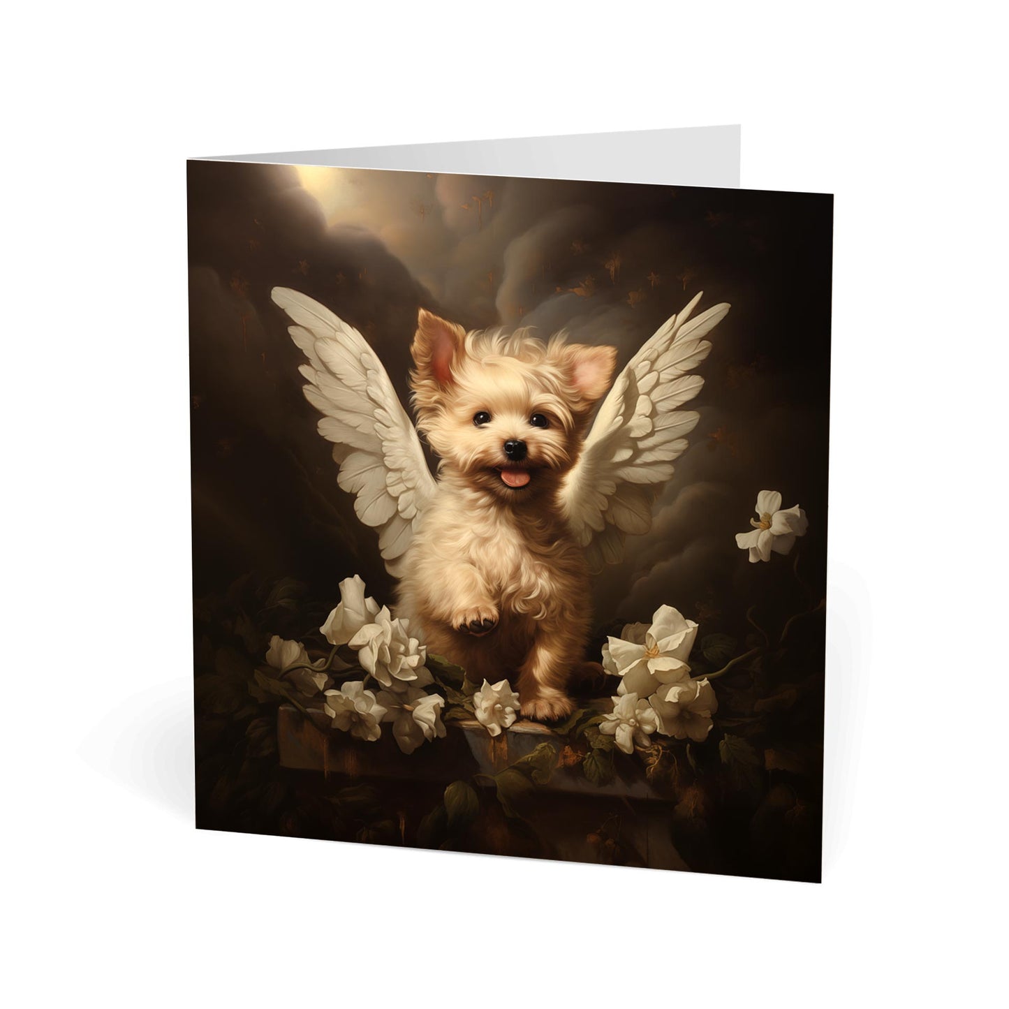 One of Flynn's 'Guardian Angel Dog' greeting card designs. Each card comes with an envelope. Detail.