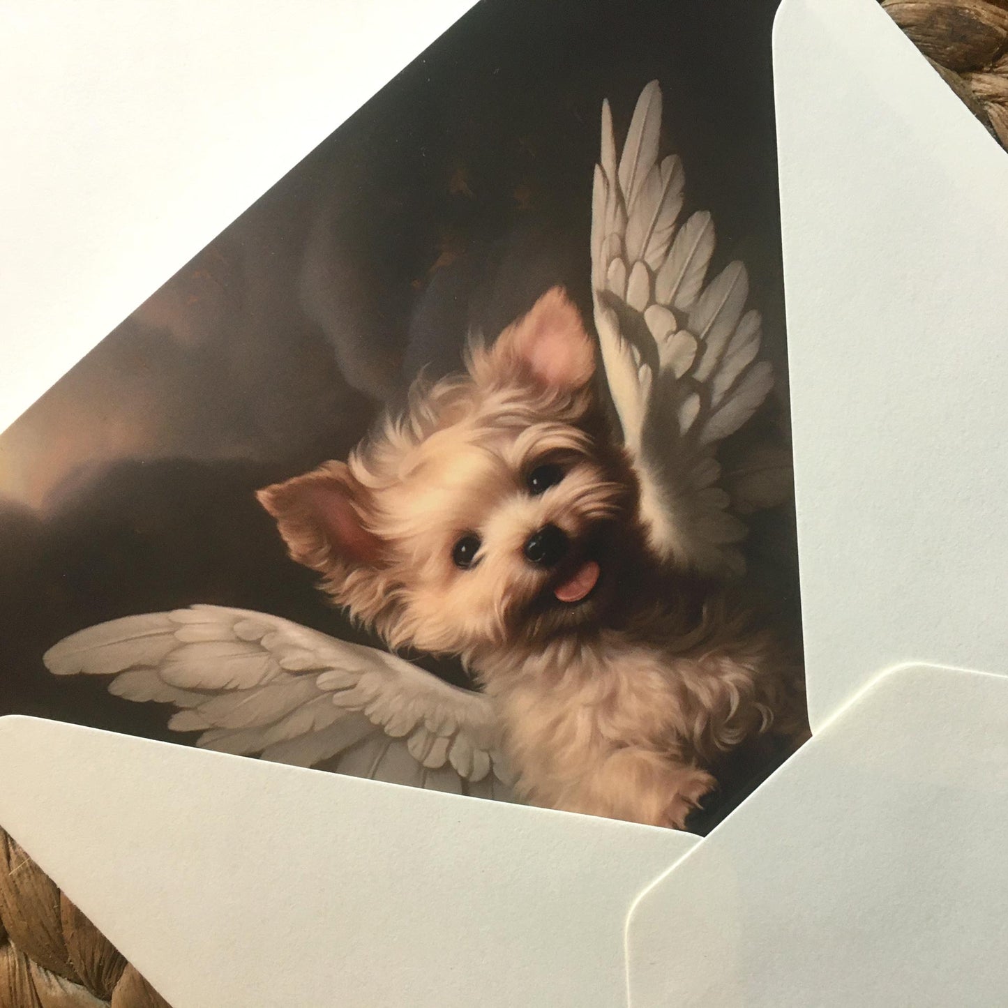 One of Flynn's 'Guardian Angel Dog' greeting card designs. Each card comes with an envelope. Detail.