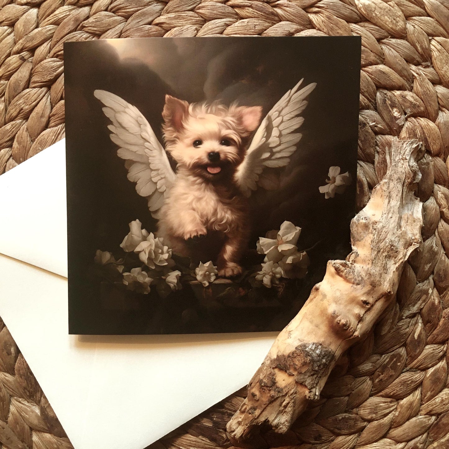 One of Flynn's 'Guardian Angel Dog' greeting card designs. Each card comes with an envelope. Detail.