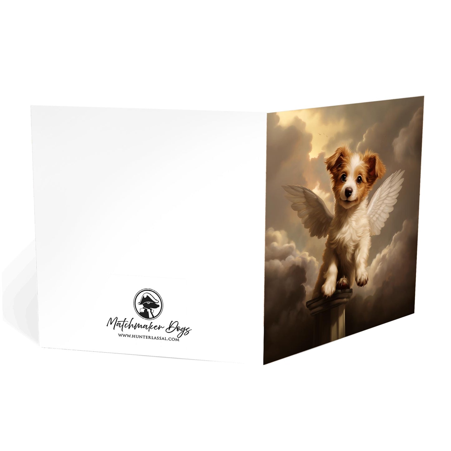 One of Flynn's 'Guardian Angel Dog' greeting card designs. Each card comes with an envelope. Detail.