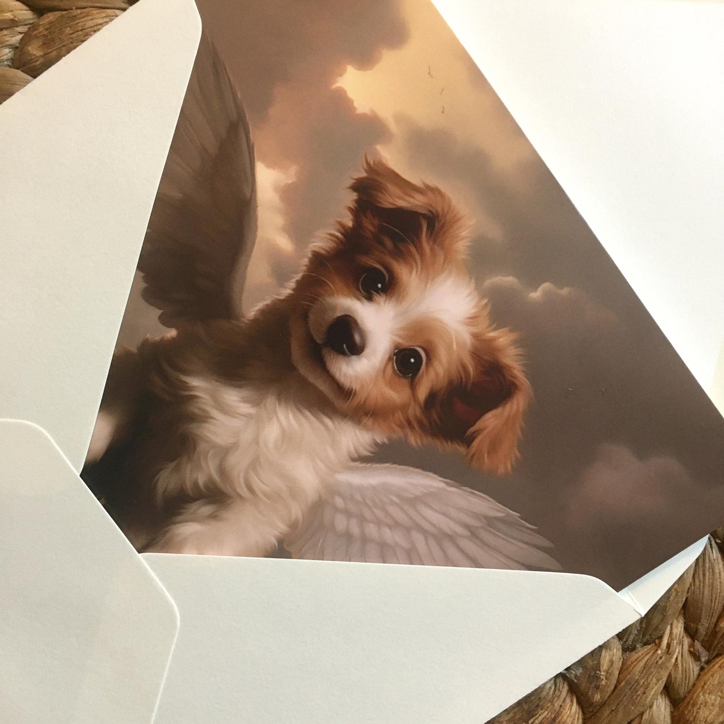 One of Flynn's 'Guardian Angel Dog' greeting card designs. Each card comes with an envelope. Detail.