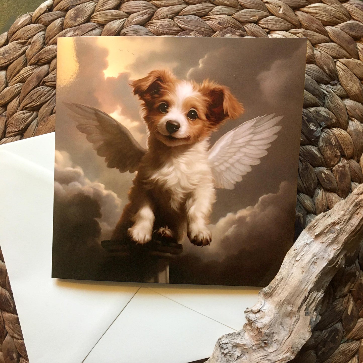 One of Flynn's 'Guardian Angel Dog' greeting card designs. Each card comes with an envelope. Detail.