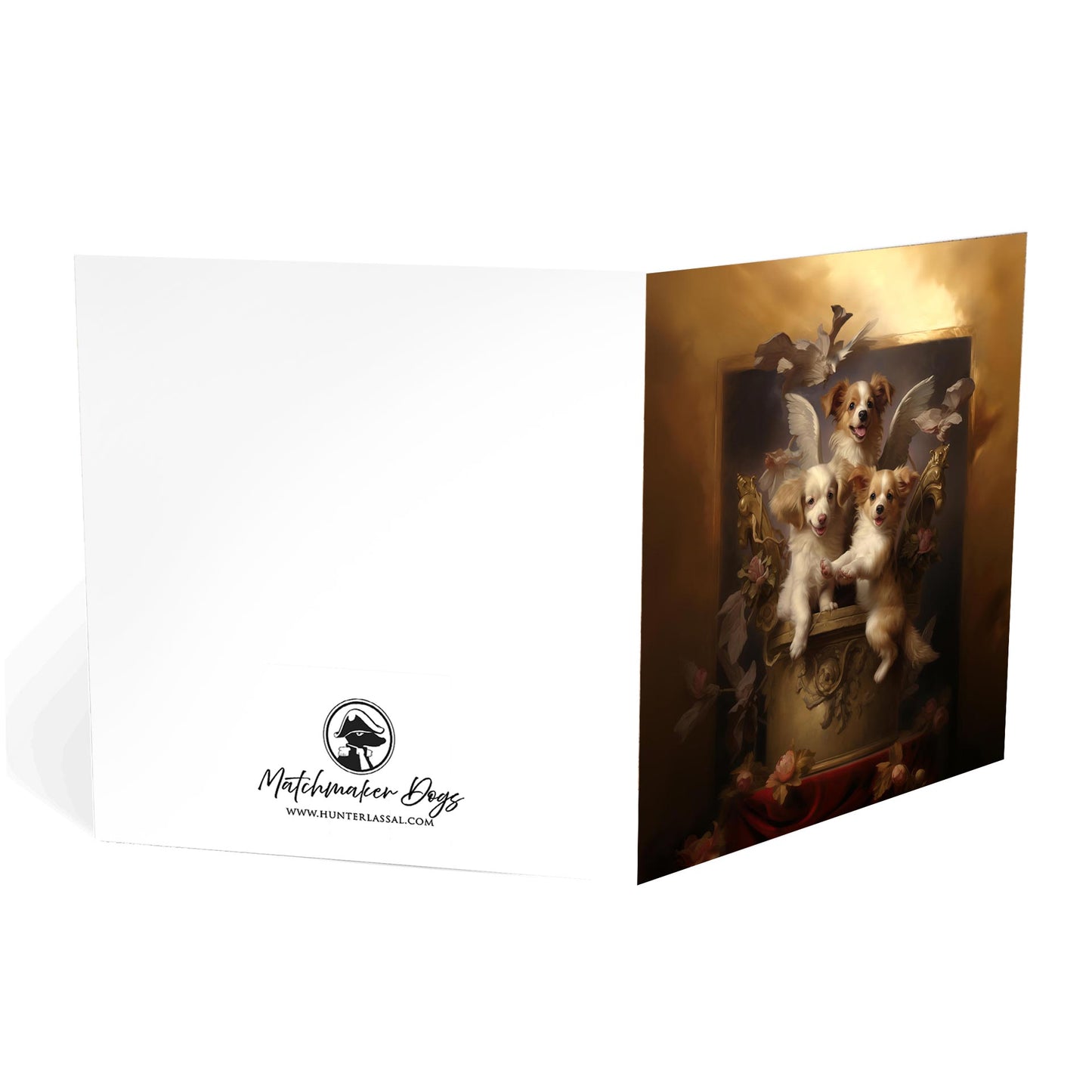 One of Flynn's 'Guardian Angel Dog' greeting card designs. Each card comes with an envelope. Detail.