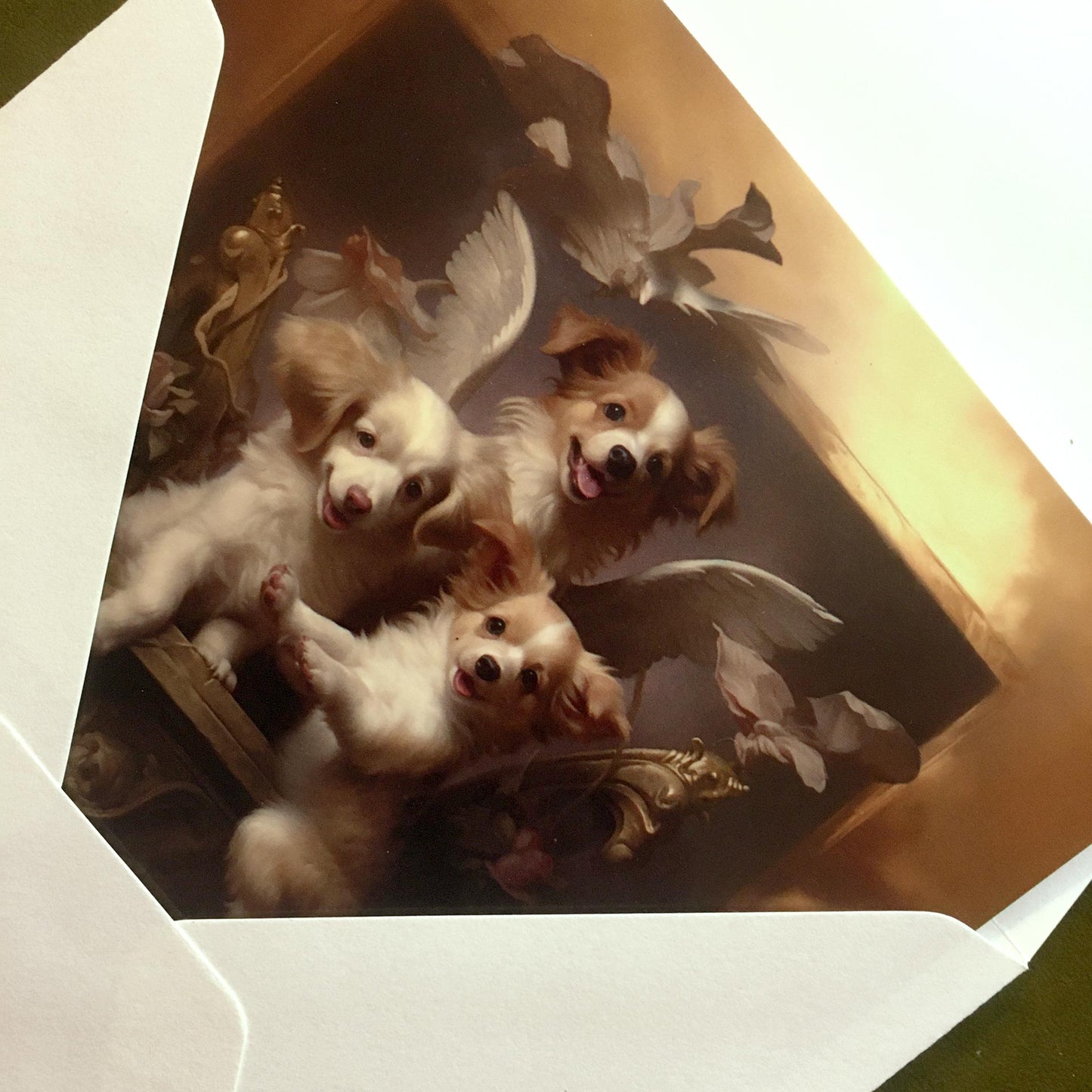 One of Flynn's 'Guardian Angel Dog' greeting card designs. Each card comes with an envelope. Detail.
