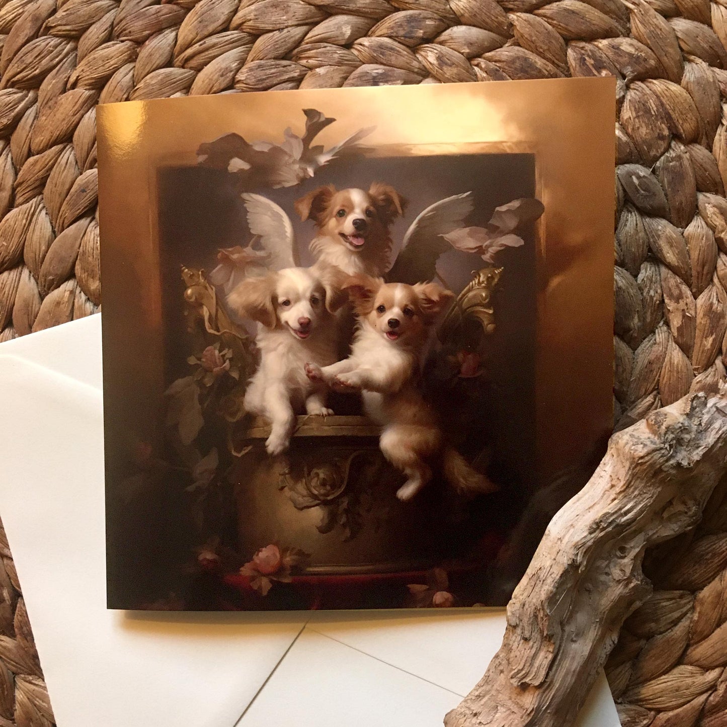 One of Flynn's 'Guardian Angel Dog' greeting card designs. Each card comes with an envelope. Detail.