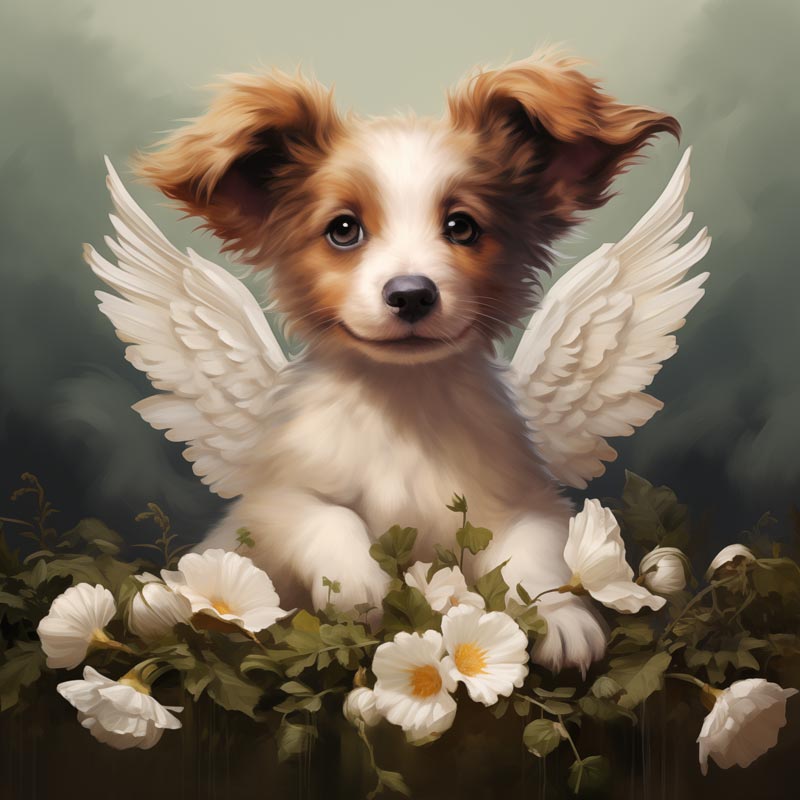 One of Flynn's 'Guardian Angel Dog' greeting card designs. Each card comes with an envelope. Detail.