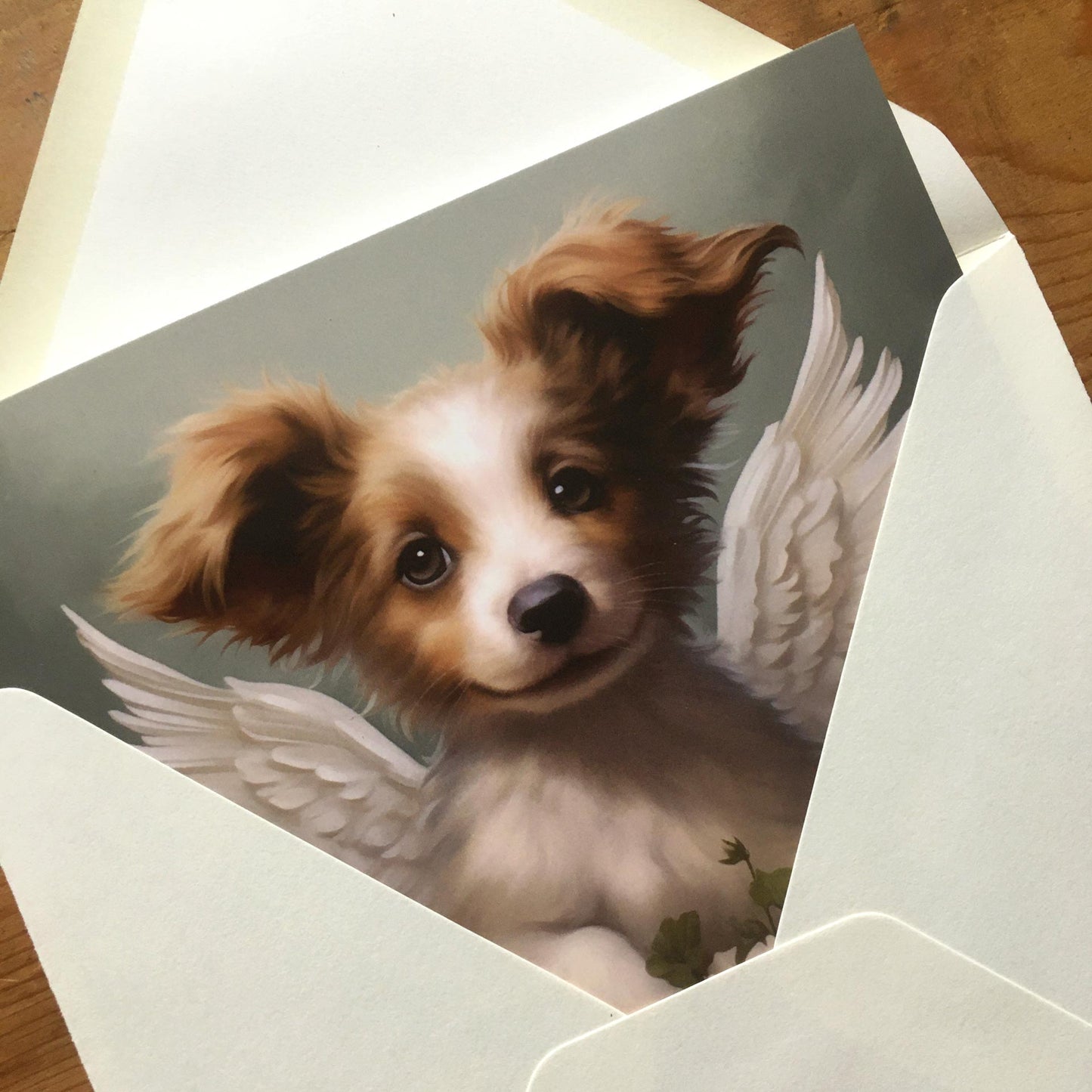 One of Flynn's 'Guardian Angel Dog' greeting card designs. Each card comes with an envelope. Detail.