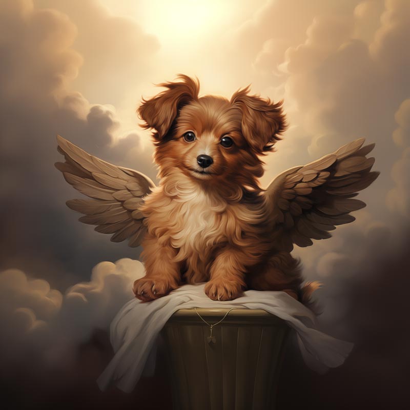 One of Flynn's 'Guardian Angel Dog' greeting card designs. Each card comes with an envelope. Detail.