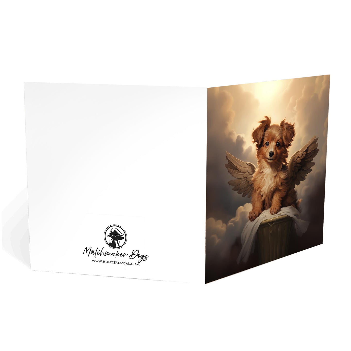 One of Flynn's 'Guardian Angel Dog' greeting card designs. Each card comes with an envelope. Detail.