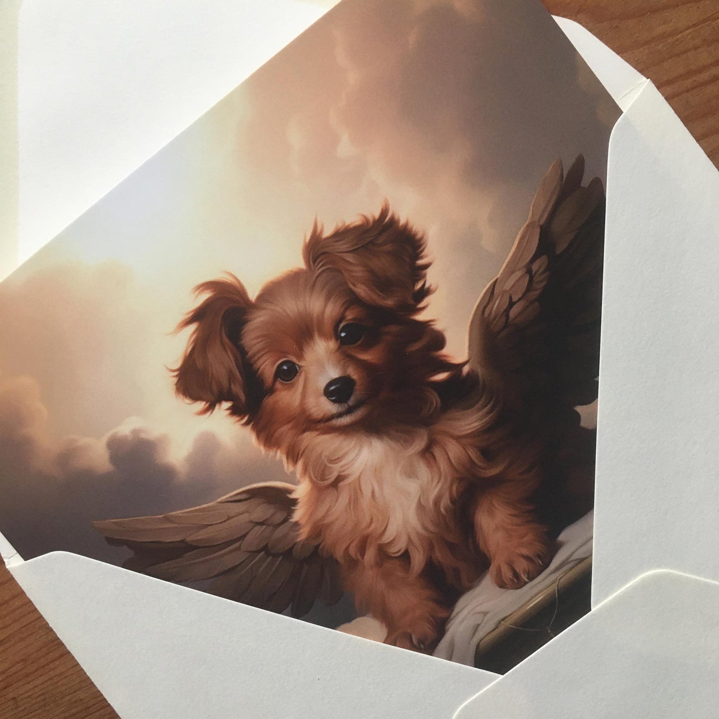 One of Flynn's 'Guardian Angel Dog' greeting card designs. Each card comes with an envelope. Detail.
