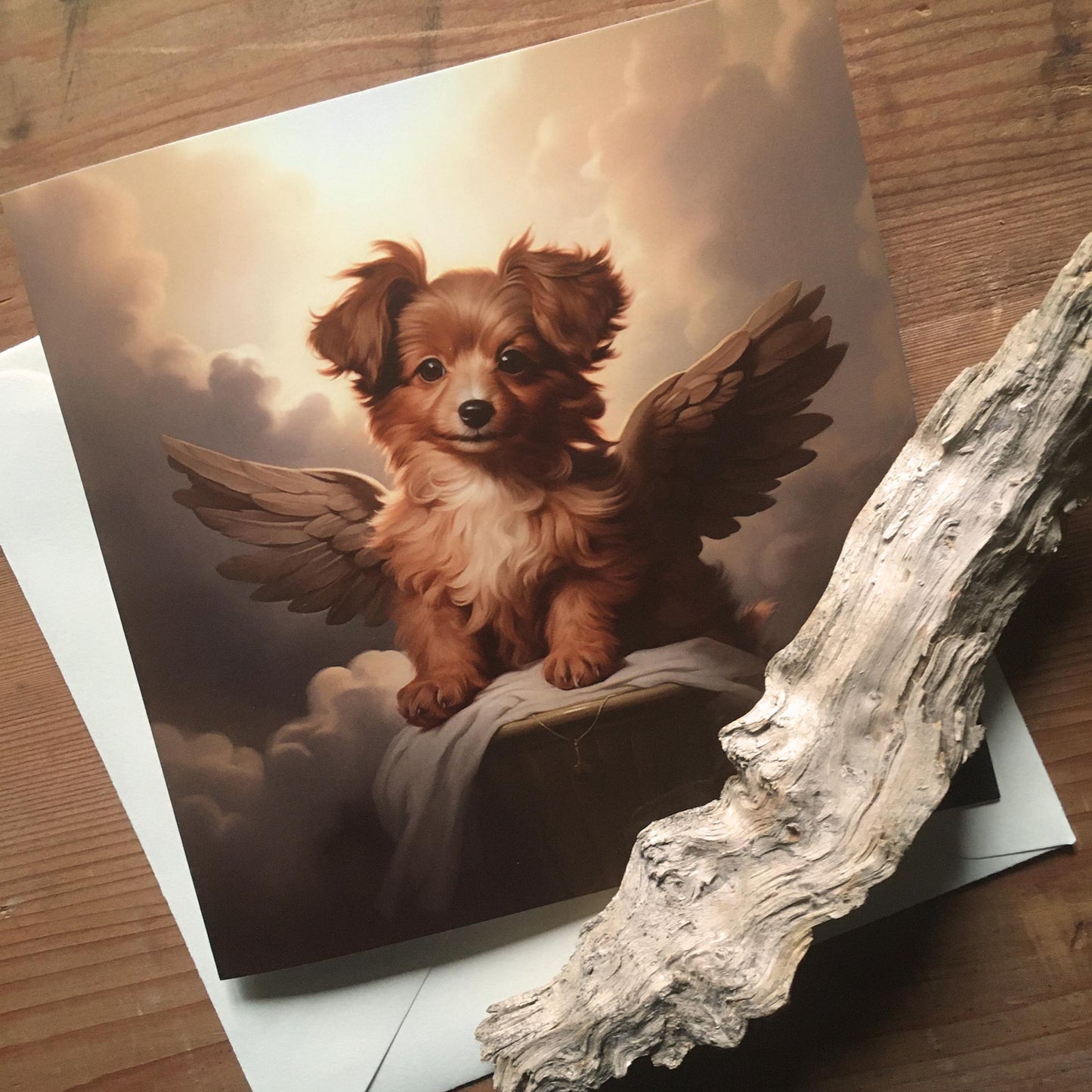One of Flynn's 'Guardian Angel Dog' greeting card designs. Each card comes with an envelope. Detail.