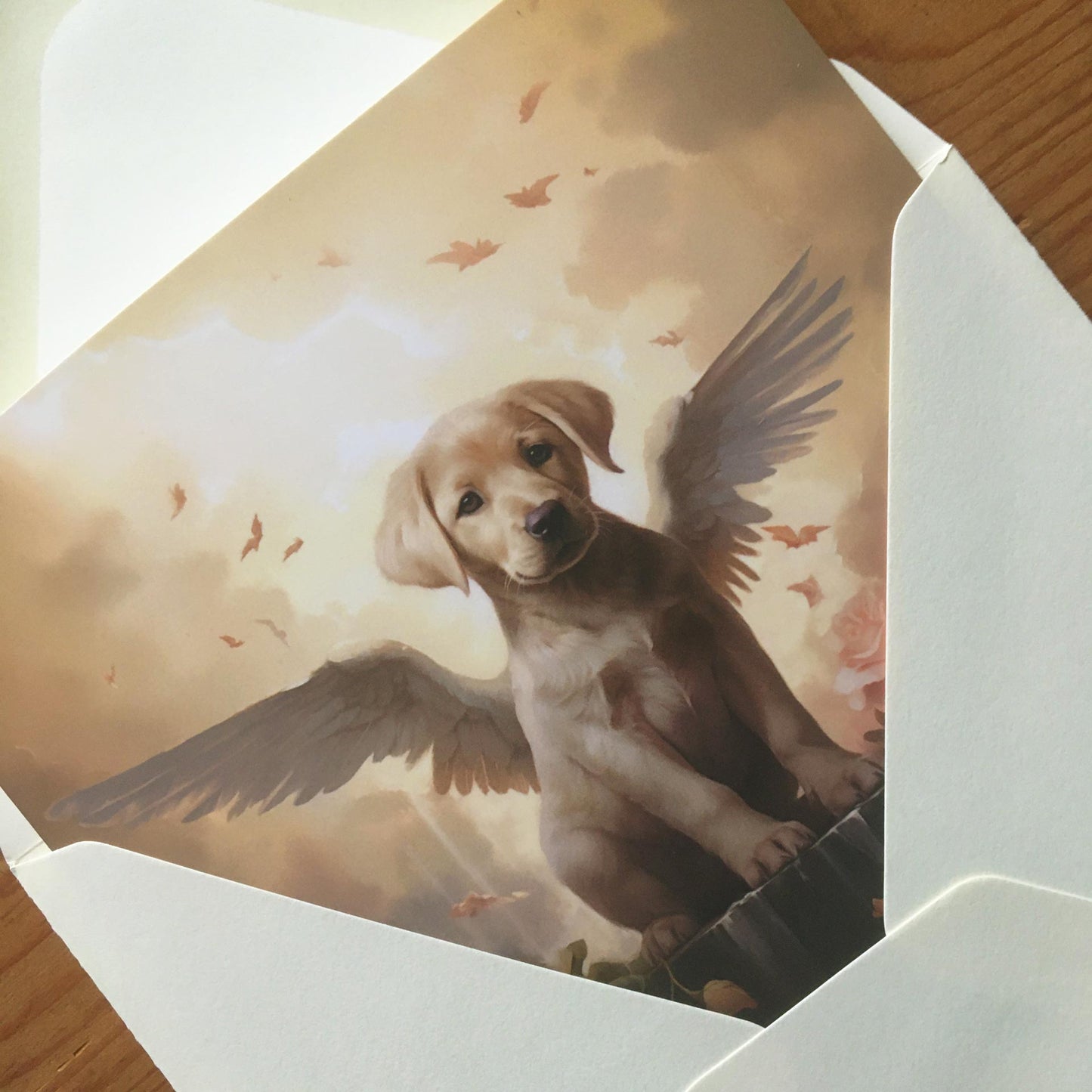 One of Flynn's 'Guardian Angel Dog' greeting card designs. Each card comes with an envelope. Detail.