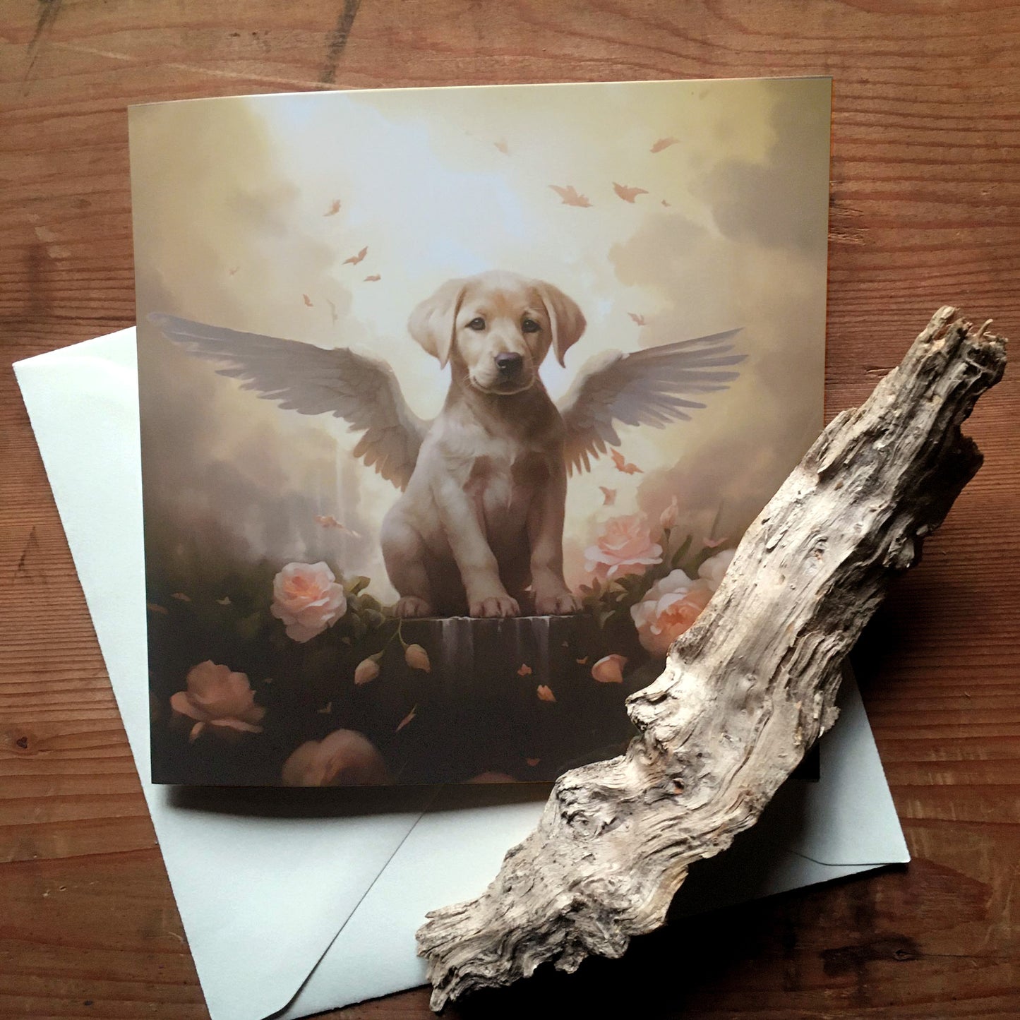 One of Flynn's 'Guardian Angel Dog' greeting card designs. Each card comes with an envelope. Detail.