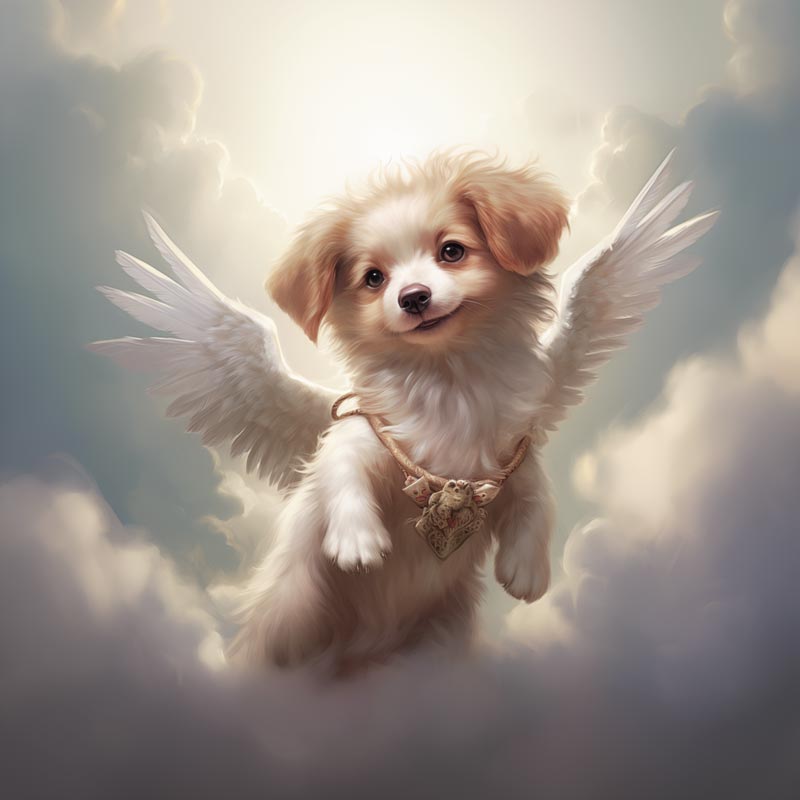 One of Flynn's 'Guardian Angel Dog' greeting card designs. Each card comes with an envelope. Detail.