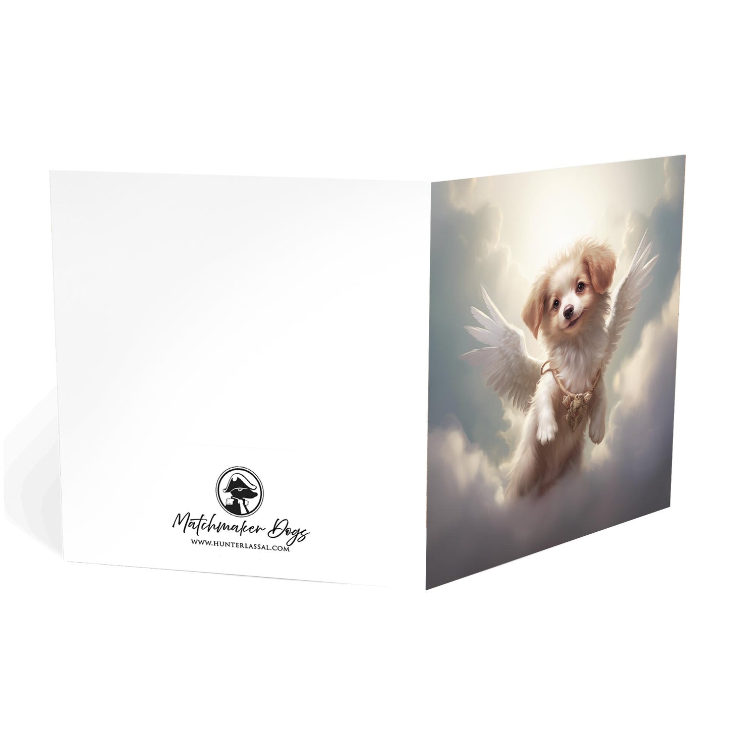 One of Flynn's 'Guardian Angel Dog' greeting card designs. Each card comes with an envelope. Detail.