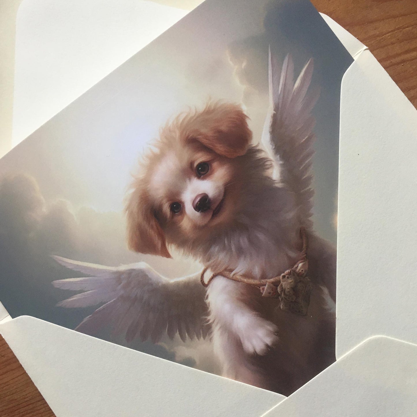 One of Flynn's 'Guardian Angel Dog' greeting card designs. Each card comes with an envelope. Detail.
