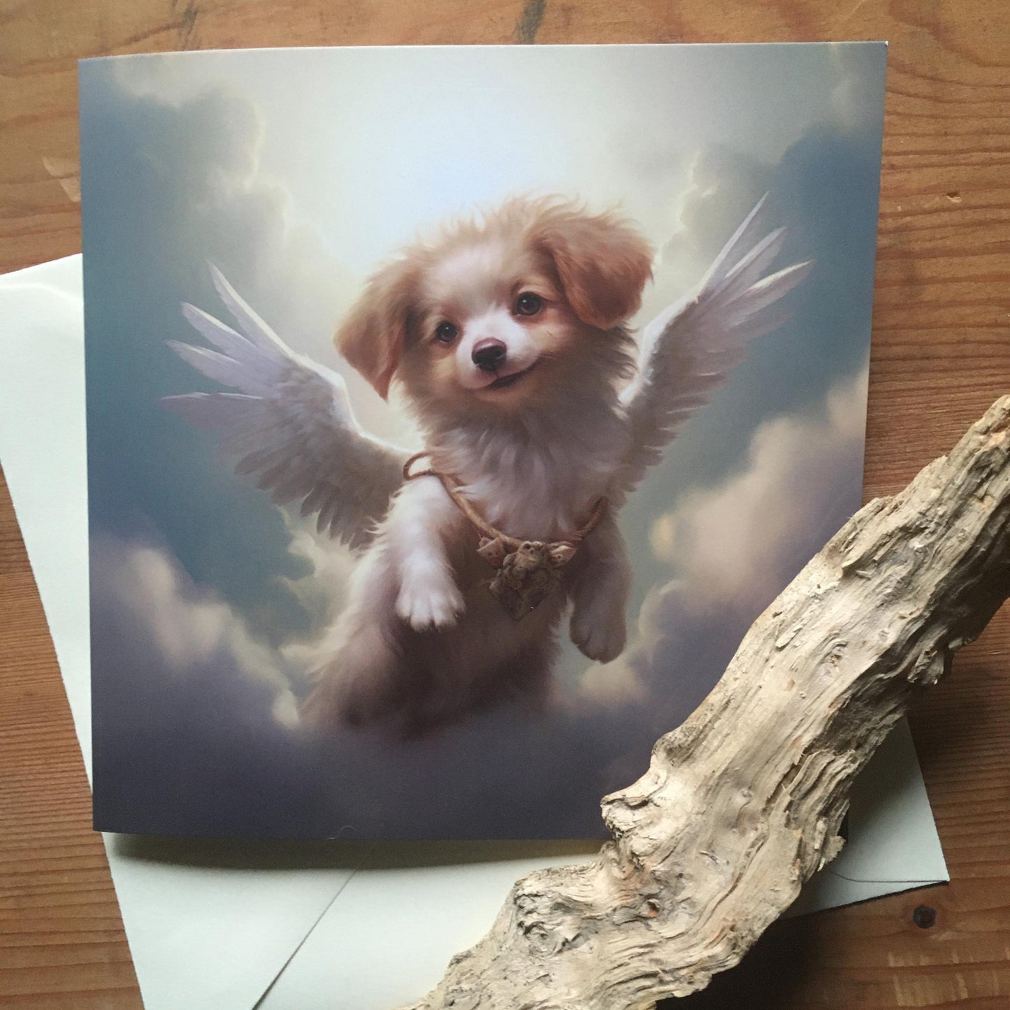 One of Flynn's 'Guardian Angel Dog' greeting card designs. Each card comes with an envelope. Detail.
