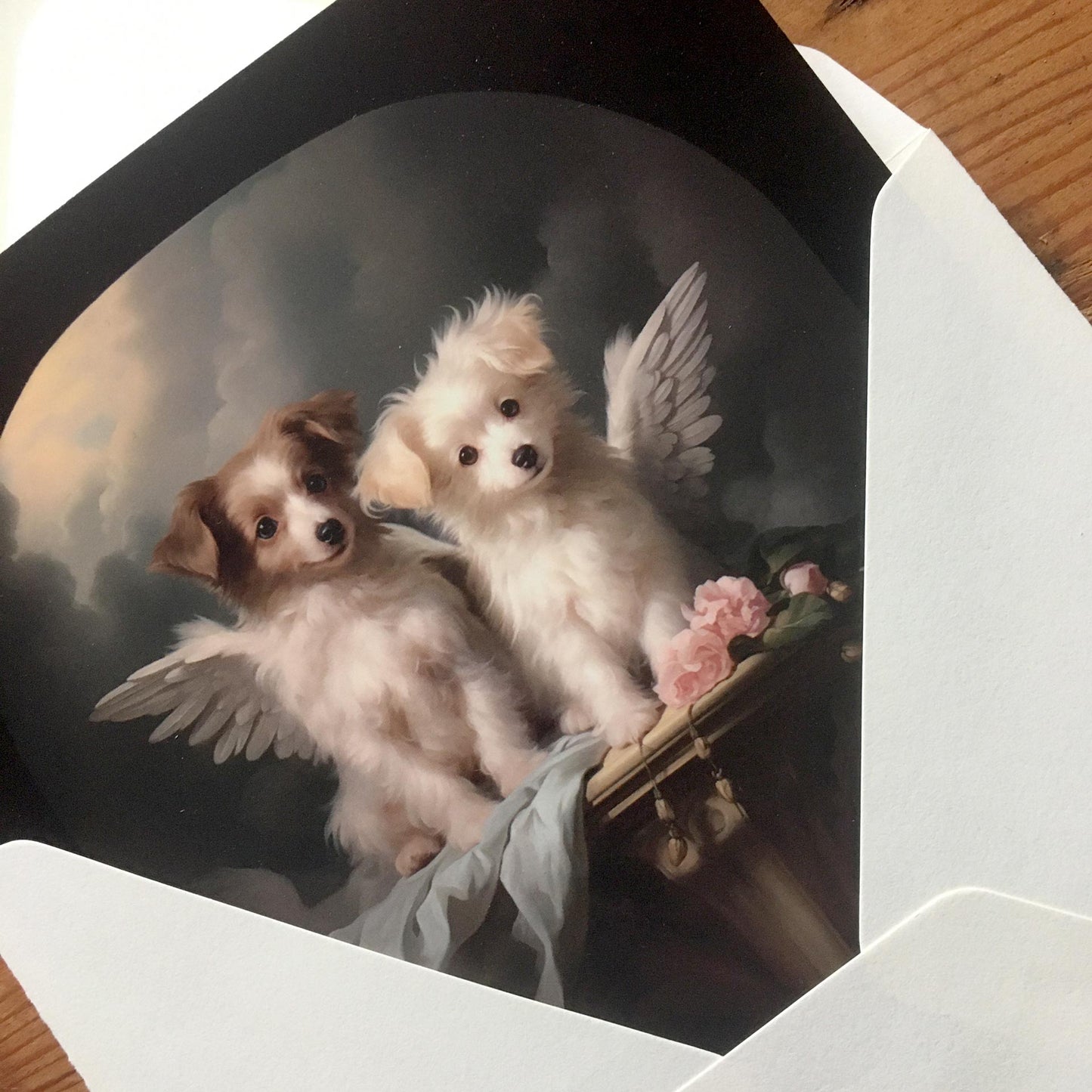 One of Flynn's 'Guardian Angel Dog' greeting card designs. Each card comes with an envelope. Detail.