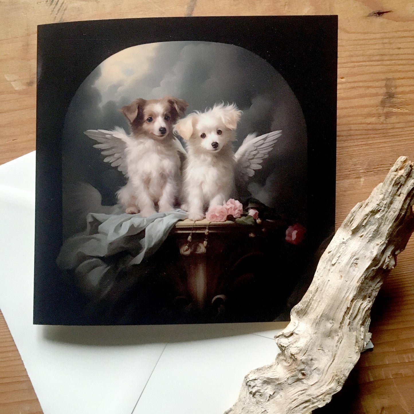 One of Flynn's 'Guardian Angel Dog' greeting card designs. Each card comes with an envelope. Detail.