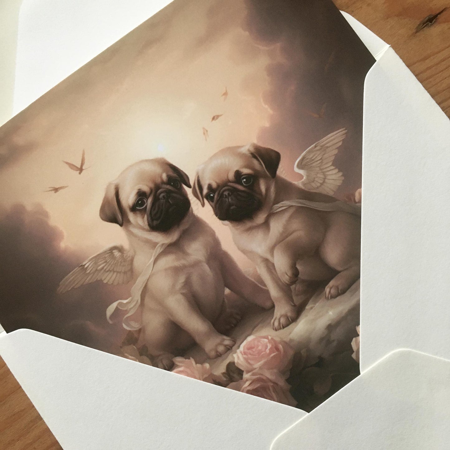 One of Flynn's 'Guardian Angel Dog' greeting card designs. Each card comes with an envelope. Detail.