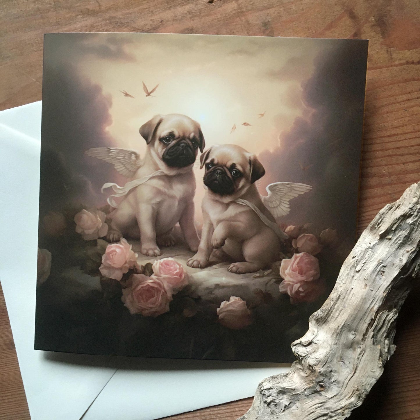 One of Flynn's 'Guardian Angel Dog' greeting card designs. Each card comes with an envelope. Detail.