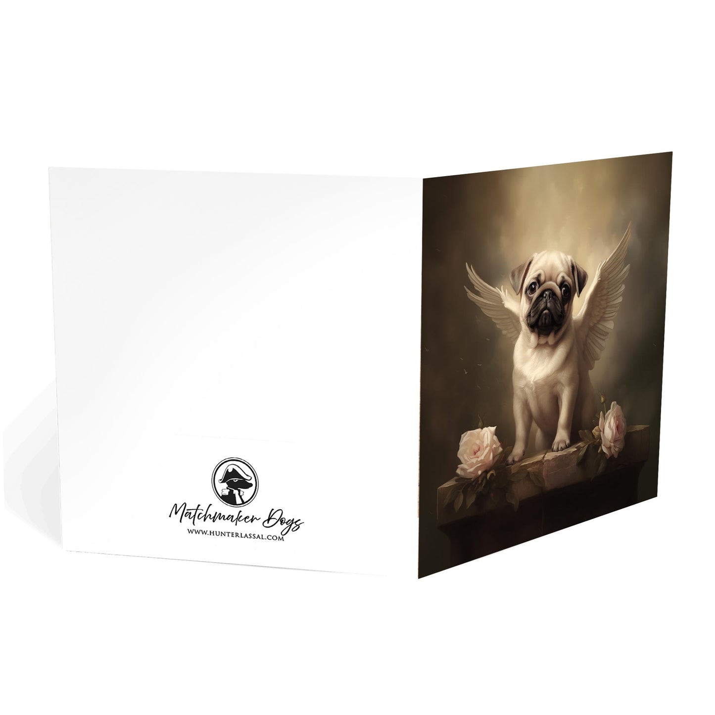 One of Flynn's 'Guardian Angel Dog' greeting card designs. Each card comes with an envelope. Detail.