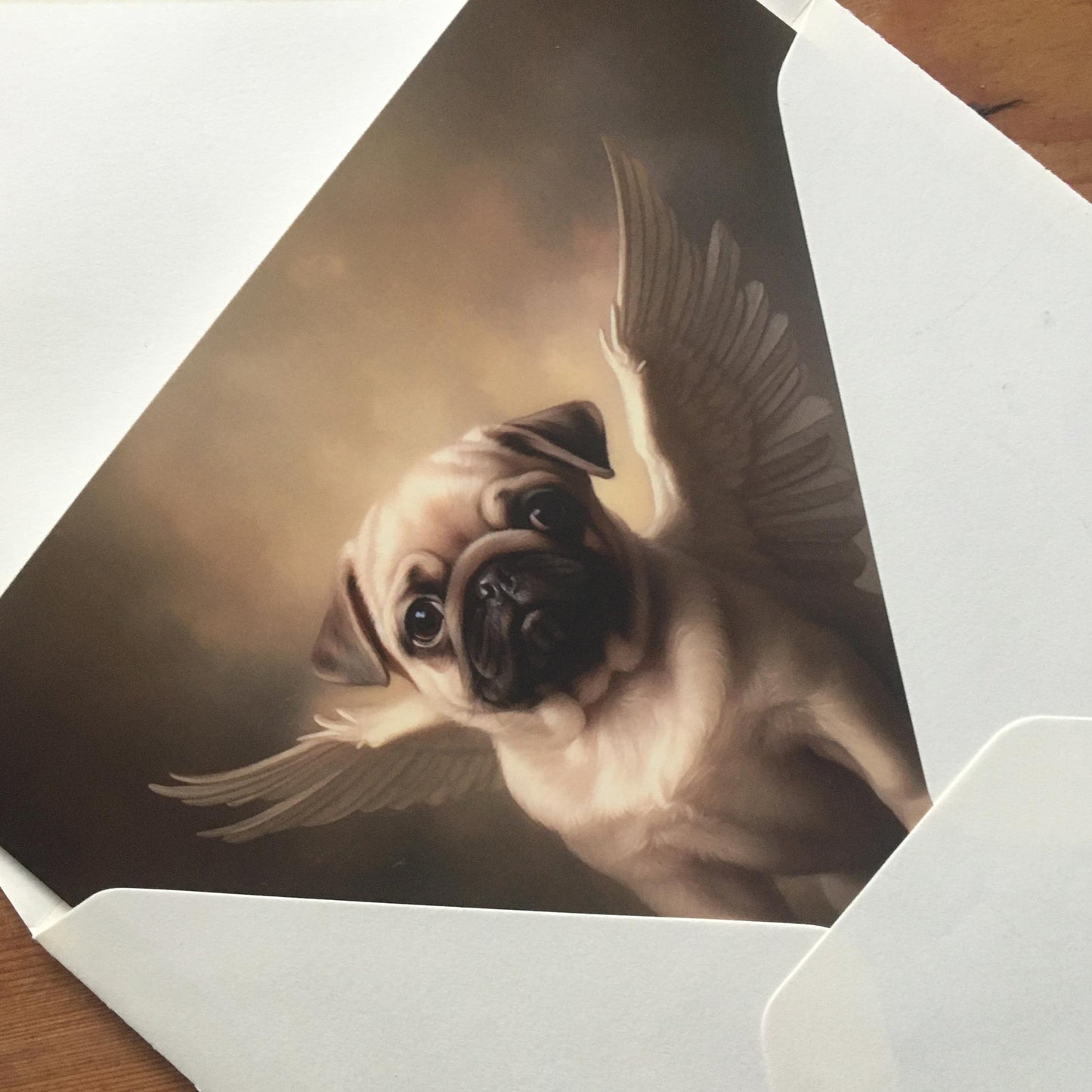 One of Flynn's 'Guardian Angel Dog' greeting card designs. Each card comes with an envelope. Detail.