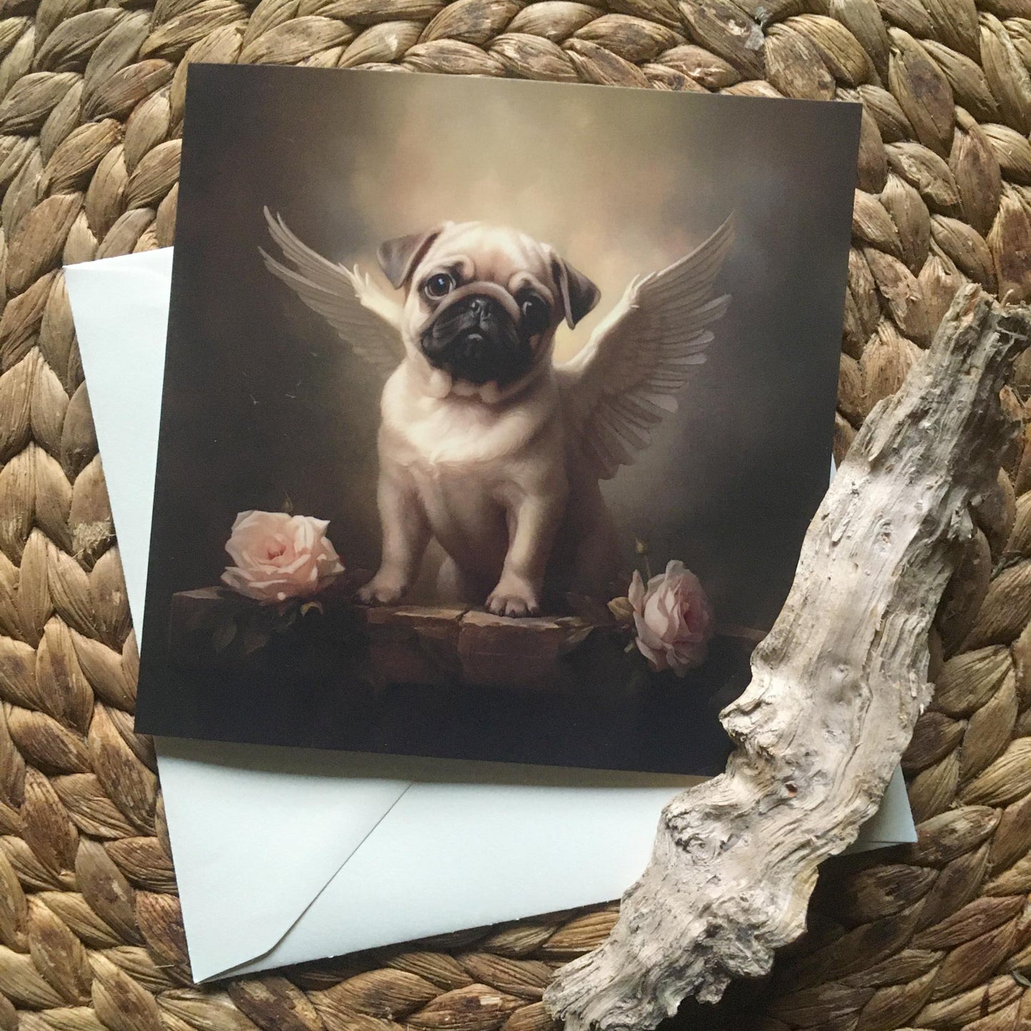 One of Flynn's 'Guardian Angel Dog' greeting card designs. Each card comes with an envelope. Detail.