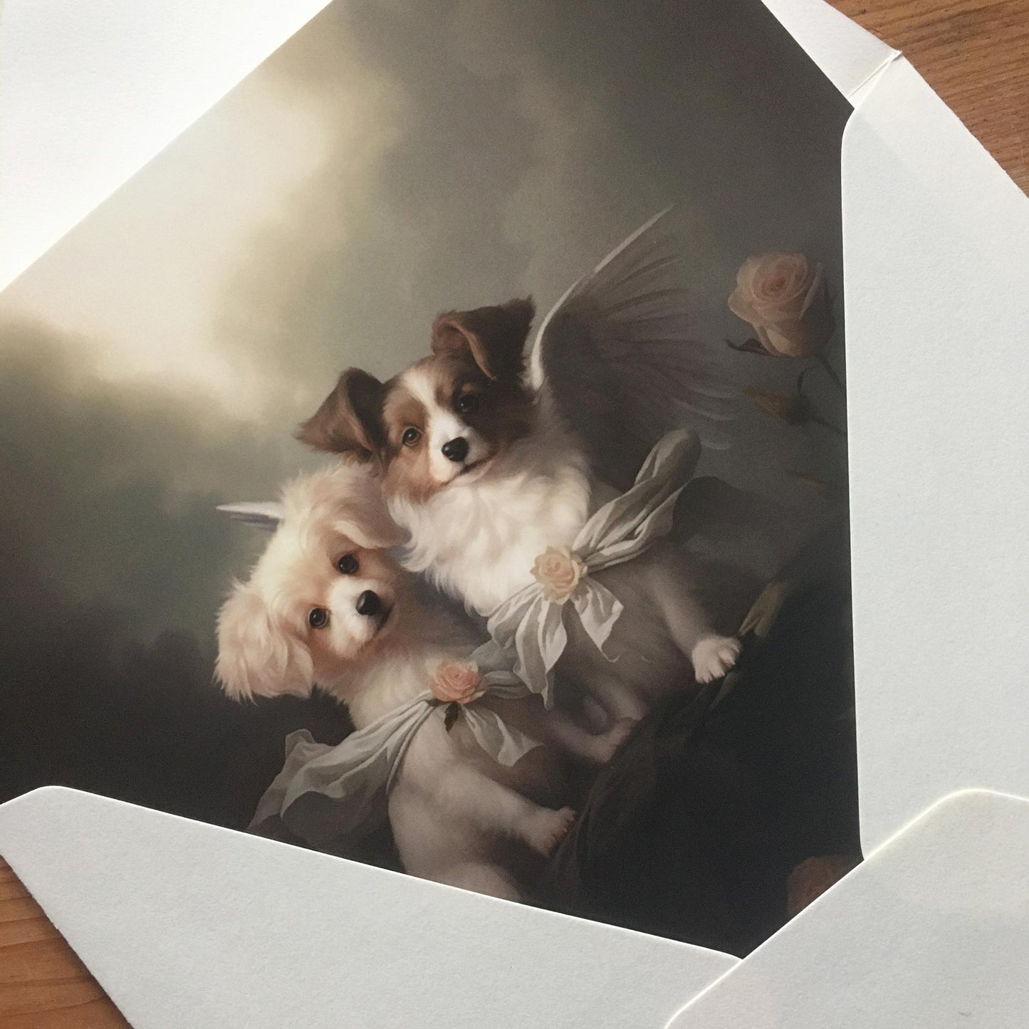 One of Flynn's 'Guardian Angel Dog' greeting card designs. Each card comes with an envelope. Detail.