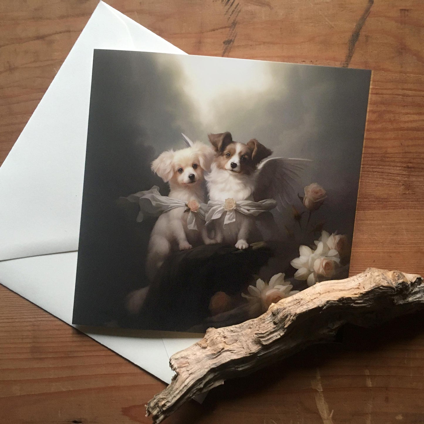 One of Flynn's 'Guardian Angel Dog' greeting card designs. Each card comes with an envelope. Detail.