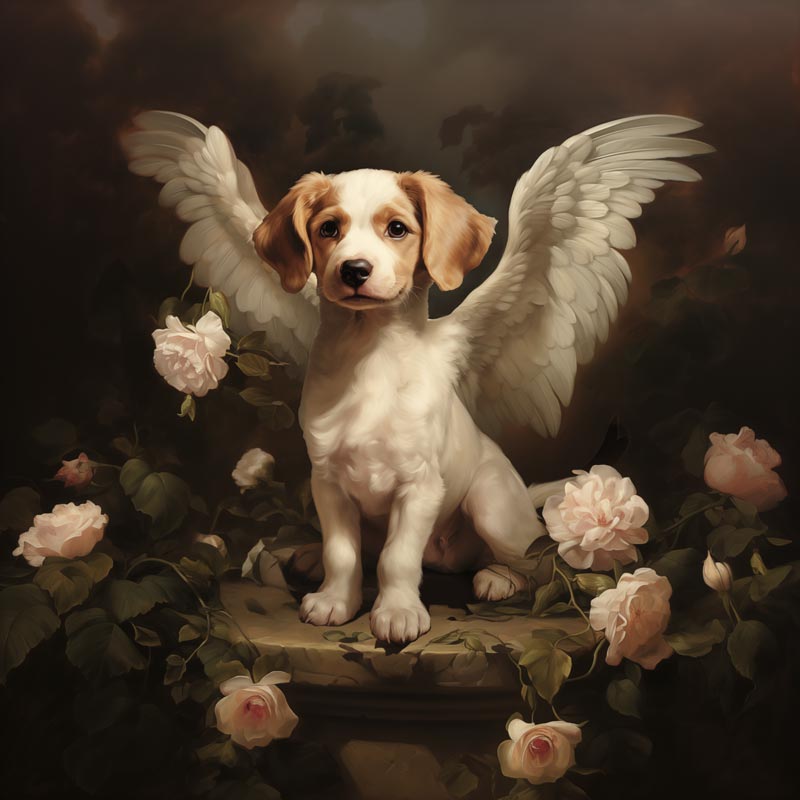 One of Flynn's 'Guardian Angel Dog' greeting card designs. Each card comes with an envelope. Detail.