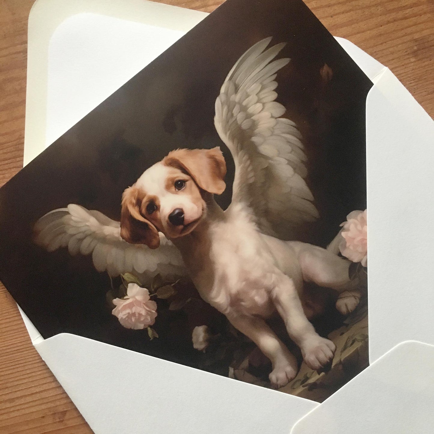 One of Flynn's 'Guardian Angel Dog' greeting card designs. Each card comes with an envelope. Detail.