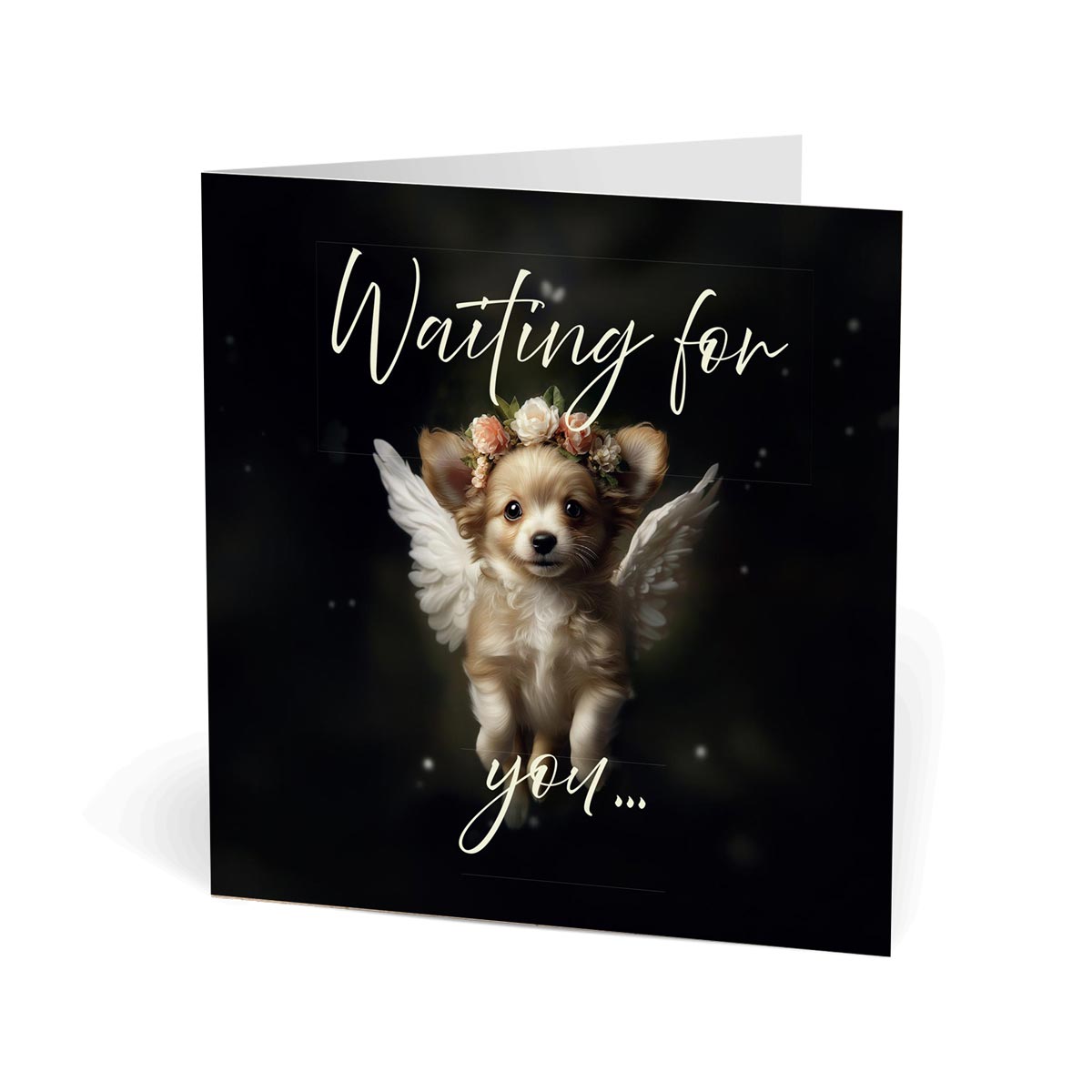 Product photo of one of Flynn's Matchmaker Dog greeting cards, half open, on a white background