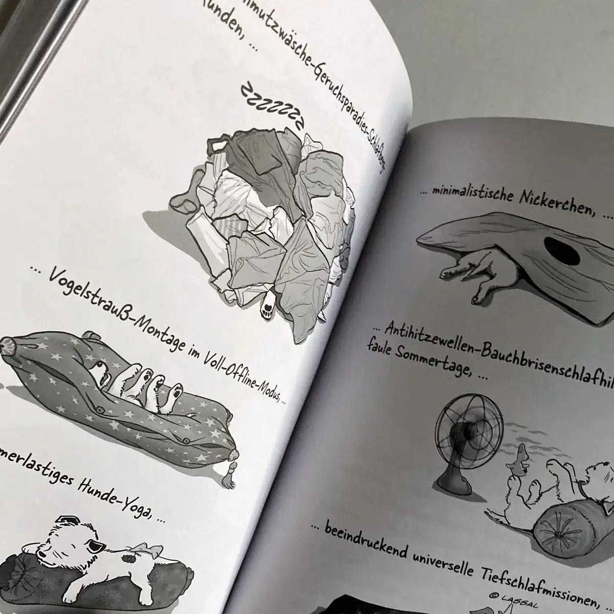 Die große Welt des kleinen Huntermann, die lustigen Hundememoiren eines kleinen Terriers, von Hunter Lassal. Premiumausgabe mit Schwarz-Weiß-Druck auf weißem Papier - aufgeschlagenes Buch mit Contentansicht auf hellem Hintergrund