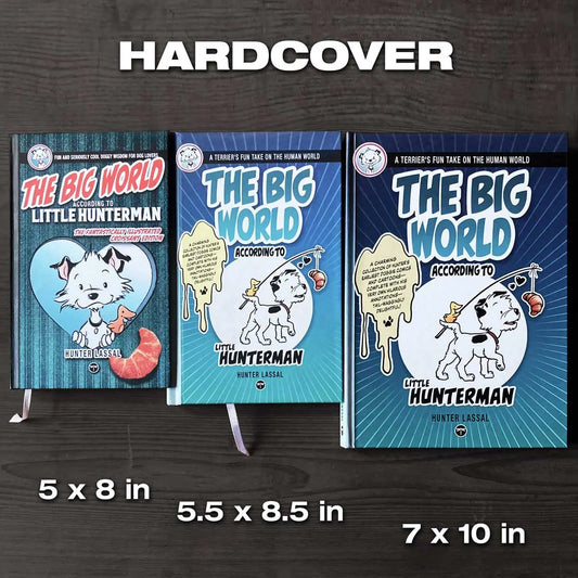 This image shows a size comparison between the deprecated and the current standard editions, as well as the premium version of the Hunterman hardcover books. The image shows all three of the hardcovers, labled, next to each other on a dark wooden surface.